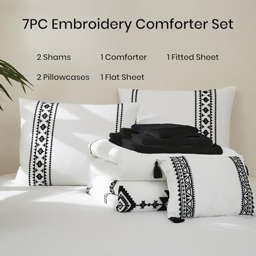 Embroidery King Size Comforter Set 7 Pieces White Bed in a Bag