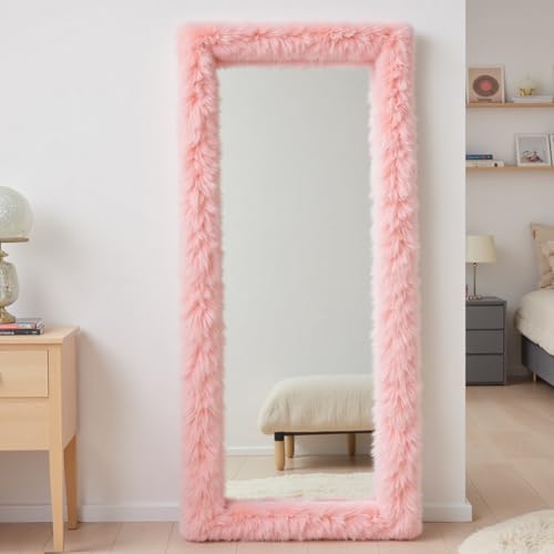 Full Length Mirror Free Standing Furry Faux Fur Framed Full Body Floor Mirror Wall Mounted Leaning Hanging Wall for Bedroom Hallway Entrance