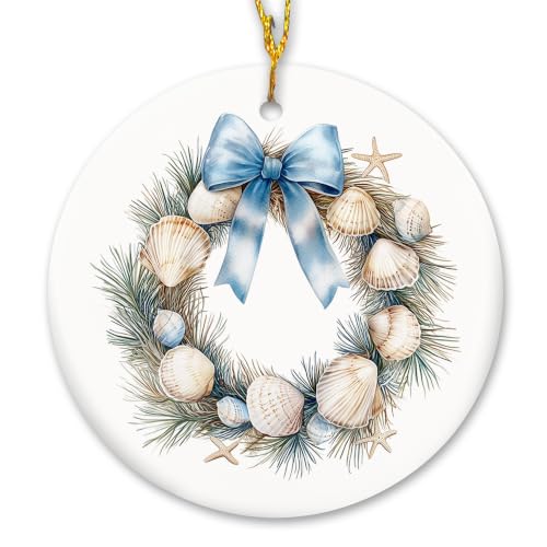 Blue Coastal Seashell Wreath Christmas Ceramic Ornament Gifts
