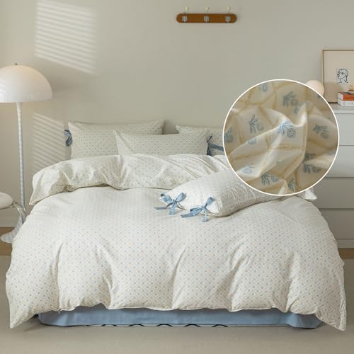 Blue Flower Comforter Set Full Checkered Grid Floral Comforter Set Kids Girls Vintage Country Style Coquette Bedding Comforter Full with 2 Bow Tie Pillowcases Cute Flower Botanical Comforter Set (3 Piece Set)