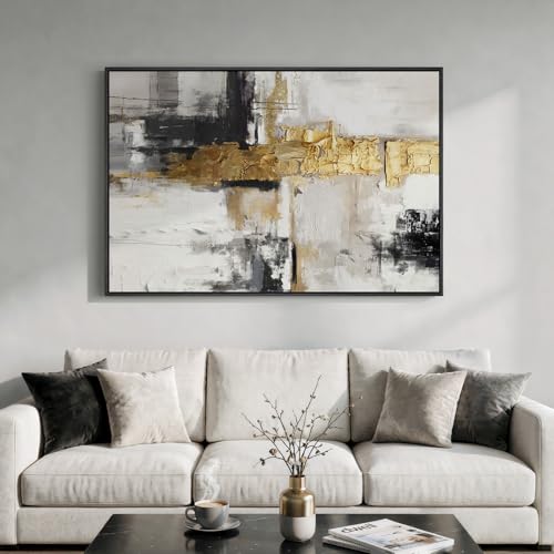 Extra Large Framed Black White Gold Abstract Wall Art