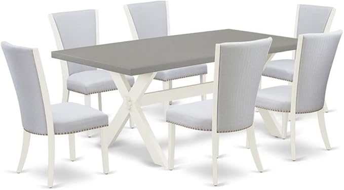 East West Furniture X097VE005-7 7 Piece Kitchen Table & Chairs Set Consist of a Rectangle Dining Room Table with X-Legs and 6 Grey Linen Fabric Upholstered Chairs, 40x72 Inch, Multi-Color