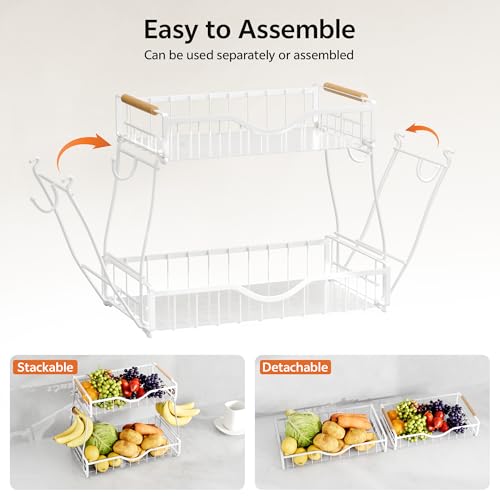 2 Tier Fruit Basket for Kitchen Countertop with 2 Banana Hangers