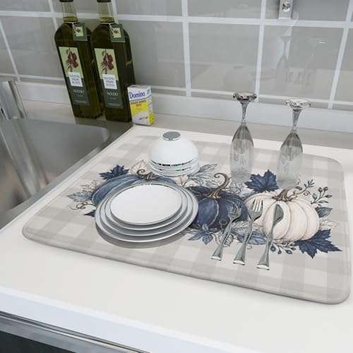 Fall Dish Drying Mat for Kitchen Counter Blue White Pumpkins Grey Plaid Super Absorbent Reversible Microfiber Kitchen Countertop Protector Dishes Pad Large 18x24 inch
