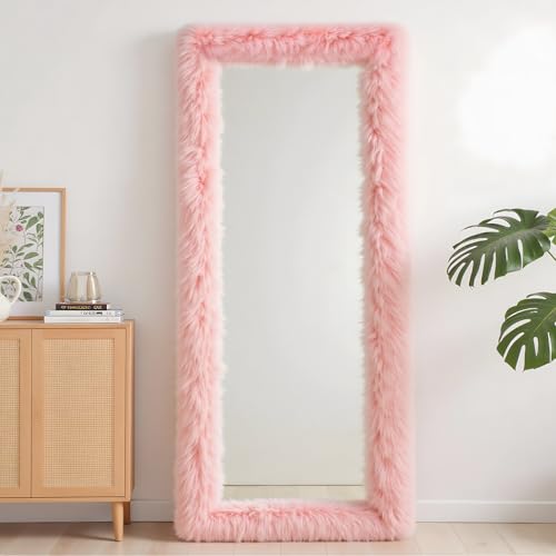 Full Length Mirror Free Standing Furry Faux Fur Framed Full Body Floor Mirror Wall Mounted Leaning Hanging Wall for Bedroom Hallway Entrance