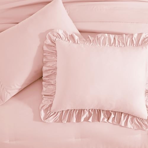 King Size Comforter Set Soft Pink Ruffle 7 Pieces Farmhouse Bed in a Bag