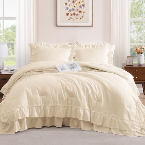 King Comforter Set Whisper White Ruffle 7 Pieces Farmhouse Bed in a Bag