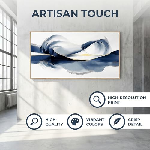 20x40 Inch Framed Abstract Blue Gold Mountain Canvas Wall Art Horizontal Navy Reflection Ink Landscape Wall Painting Modern Minimalist Textured Wall Decor for Living Room Bedroom