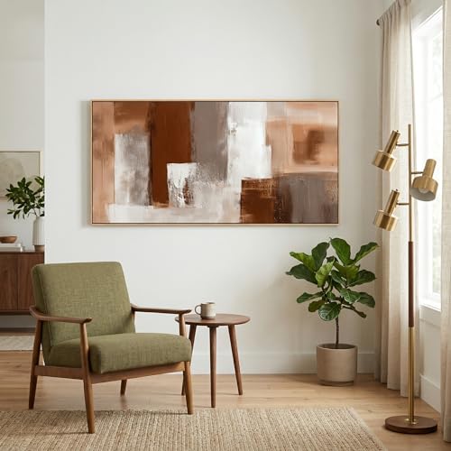Large Abstract Wall Art 24x48 Inch Brown White Gray Framed Canvas Print Painting Modern Neutral Tone Artwork for Living Room Sofa Bedroom Waterproof & Fade Resistant Wood Frame Decor Ready to Hang