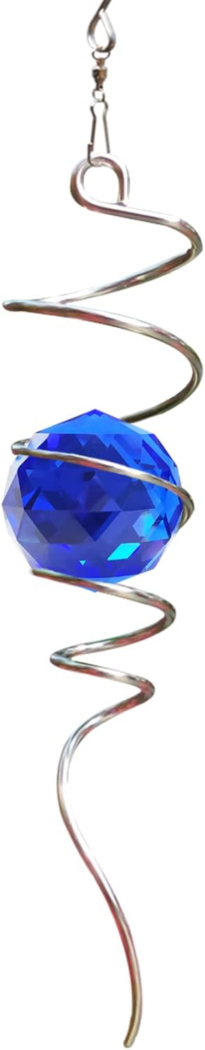 FONMY Gazing Ball Spiral Tail -Decorative Wind Spinner Sun Catcher Rainbow Maker 11 inch Tail and 2 inch Dark Blue Crystal Orb. Indoor Outdoor Garden Decoration -13 inch Height
