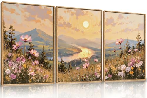 Large Boho Sunset Wildflower Framed Canvas Wall Art