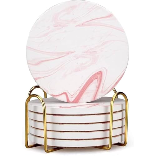 Cute Pink Marble Coasters for Desk Coffee Bar Table Kitchen Decor Set of 6 (6 Count)