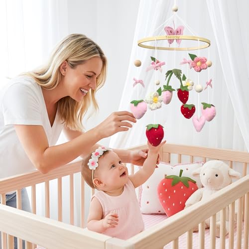 Strawberry Baby Crib Mobile for Girls Pink Bow Nursery Decor