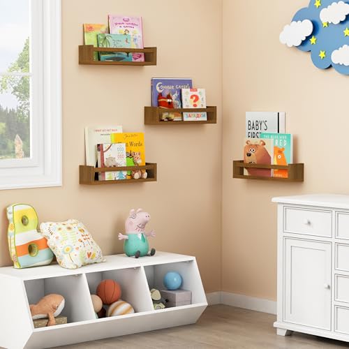 Dark Wood Nursery Kids Bookshelf Wall Mounted (4 Count)