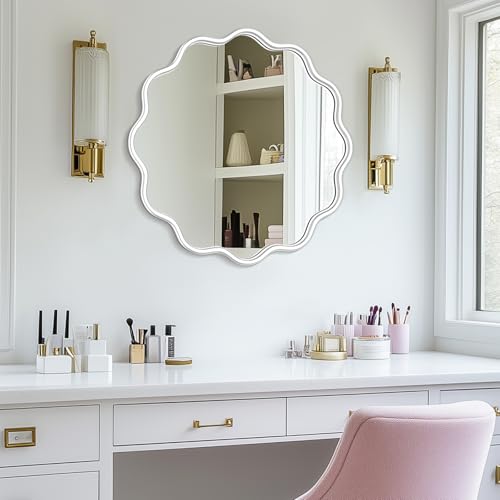 White Round Mirror 24 Inch Wavy Bathroom Vanity Mirror White Frame Modern Wall Mirror Decorative Wall