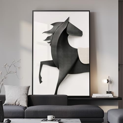 Large Framed Modern Black and White Horse Wall Art