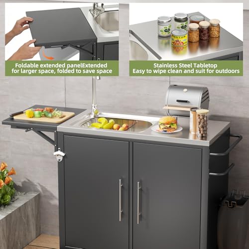 Outdoor Grill Table with Sink & Foldable Worktop