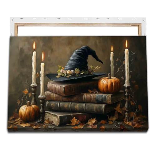 Witch Hat Wall Art Vintage Halloween Canvas Vintage Book Pictures Gothic Library Poster Dark Preppy Print Spooky Fall Painting Dark Academia Prints Moody Halloween Wall Art Decor 16x24inch Framed