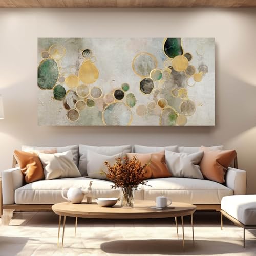 Large Abstract Canvas Wall Art Green and Gold Decorative Painting 29"x58" Picture Prints Colorful Canvas Wall Art for Kitchen Office Bedroom