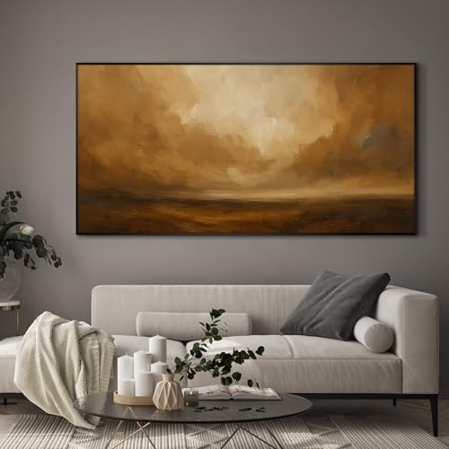 24"x46" Extra Large Framed Wall Art Golden Horizon Abstract Landscape Warm Brown and Amber Sky Illustration for Home Living Room Bedroom Decor
