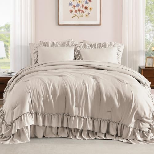 Full Size Comforter Set Beige Ruffle 7 Pieces Farmhouse Bed in a Bag