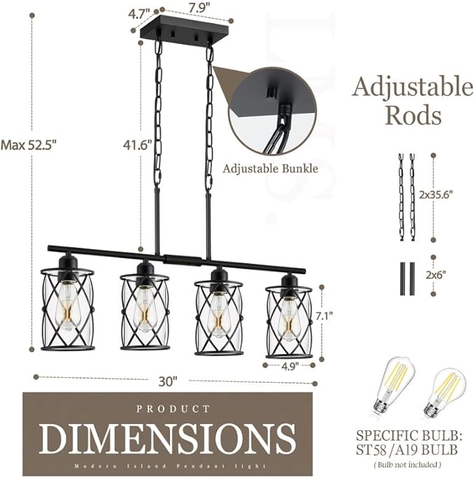 4-Light Kitchen Island Lighting, Modern Black Dining Room Light Fixtures