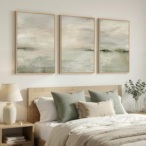 Large Framed Sage Green Abstract Landscape Wall Art for Living Room (3 Count)