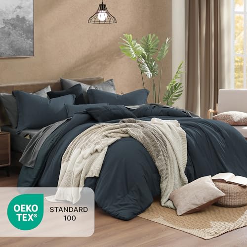 King Comforter Set 7 Pieces Navy Blue Cationic Dyeing Bed in a Bag