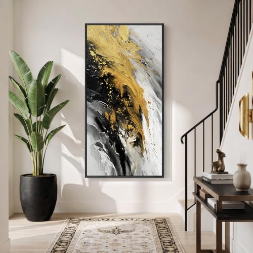 Large Framed Black White and Gold Abstract Wall Art