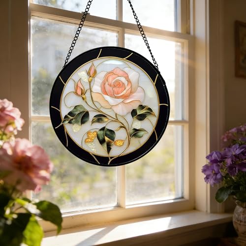 Pink Rose Stained Glass Window Hanging Suncatcher Gifts for Women 12"