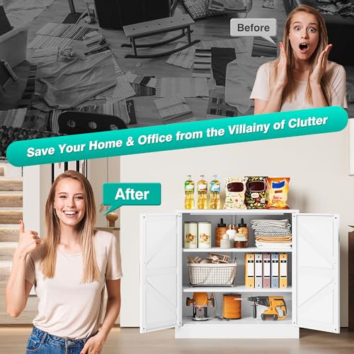 White Storage Cabinet with Doors and Adjustable Shelves