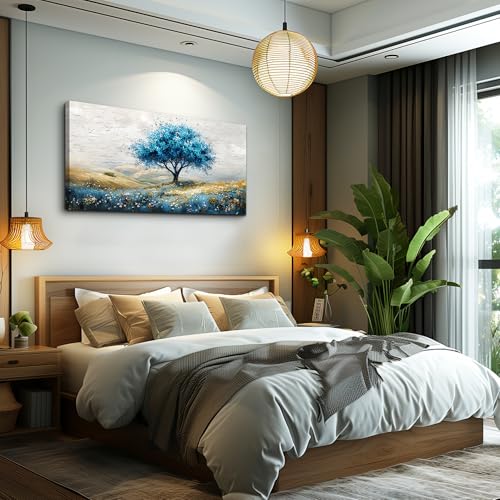 Large Canvas Wall Art For Living Room Wall Decoration For Bedroom Blue Tree Landscape Painting Office Farmhouse Printing Wall Pictures Artwork Restaurant Home Decor Ready To Hang 20x40 In