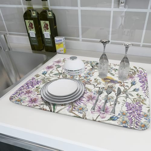Spring Summer Dish Drying Mat for Kitchen Counter Cute Bird Purple Flower Super Absorbent Reversible Microfiber Kitchen Countertop Protector Dishes Pad Large 18x24 inch