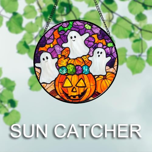 Stained Glass Window Hanging Halloween Horror Pumpkin White Ghost 7.8"