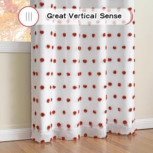 Blackout Boho Curtains for Bedroom 63 Inch Long Brick Red Pom Pom Curtains for Kids Room 100% Room Darkening Window Treatment 2 Layered Drapes Toddler Grommet 50W x 63L (2 Count)