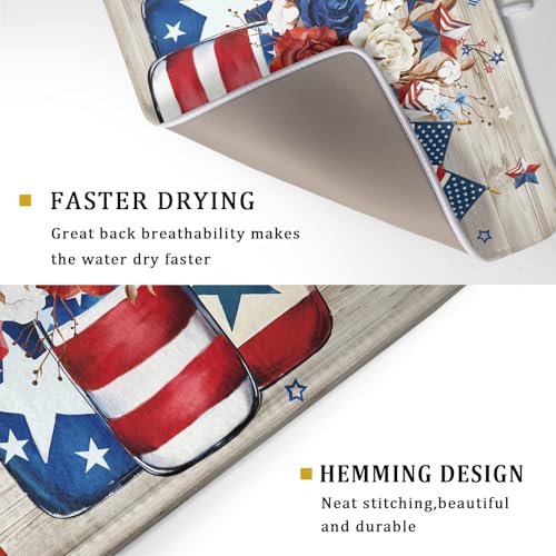 4th of July Dish Drying Mat for Kitchen Counter Patriotic Floral Super Absorbent Reversible Microfiber Kitchen Countertop Protector Dishes Pad Large 18x24 inch