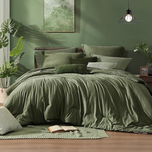 Twin XL Comforter Set Olive Green 5 Pieces Bed in a Bag for Dorm