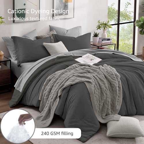 Queen Comforter Set 7 Pieces Dark Grey Cationic Dyeing Bed in a Bag