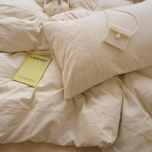 Tan Gingham Comforter Set Queen Princess Lace Style Beige Taupe Plaid Comforter Set Soft Fluffy Grid Farmhouse Gingham Bedding Set Vintage Plaid Checkered Comforter with 2 Pillowcases