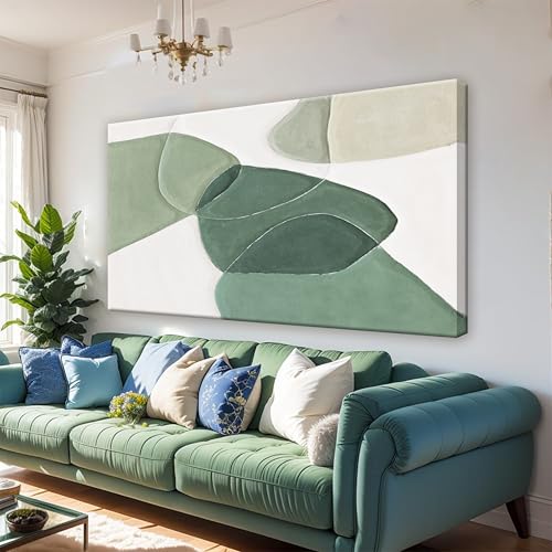 Modern Wall Art Large Green And White Geometric Color Block Line Wall Painting Artwork Canvas Simple Picture Textured Artwork For Living Room Bedroom Office Home Decor 29"X 58"