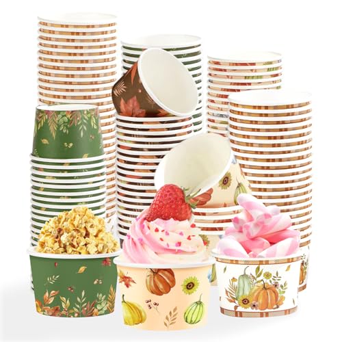 120Pcs Fall Ice Cream Cups 12 oz Disposable Autumn Pumpkin Maple Leaves Paper Dessert Snack Soup Bowls Fall Green Orange Yogurt Cup Container for Hot or Cold Food Thanksgiving Harvest Party Supplies (120 Count)