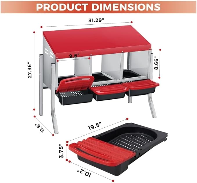 3-Hole Rollaway Chicken Nesting Box with Removable Galvanized Steel Tray & Perch - Easy-Clean Wall Mount or Freestanding Design for Hens, Ducks & Poultry, Includes Lid to Protect Eggs