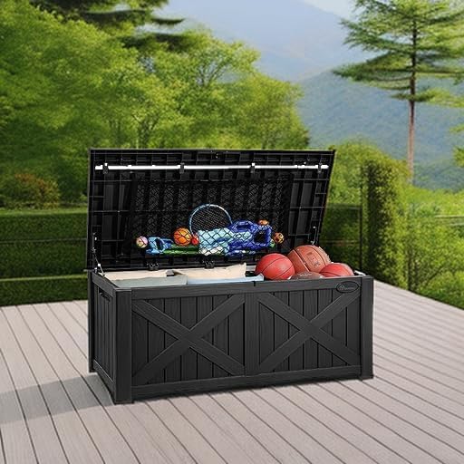 YITAHOME 120 Gallon Large Deck Box with X-Shaped Front, Resin Outdoor Storage Boxes, Waterproof Cushion Storage Bench for Patio, Pool Supplies, Garden Tools - Lockable, Black