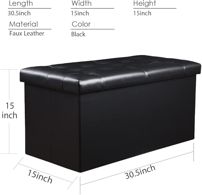 PRANDOM Extra Large Ottoman with Storage [1-Pack] Faux Leather Folding Small Square Foot Stool with Lid for Living Room Bedroom Coffee Table Dorm Black 30.5x15x15 inches