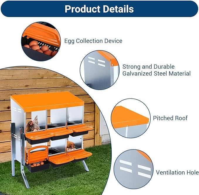 Chicken Nesting Box, 6-Compartment Egg Laying Box, Convenient for Collecting Eggs, Ventilated Poultry House Equipment in Metal Chicken Coop, Suitable for Hens and Ducks, (Orange, with Stand)