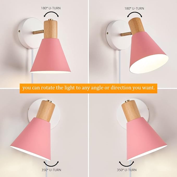 Plug in Wall Sconces Lighting Fixture, Wooden Adjustable Bedside Wall lamp