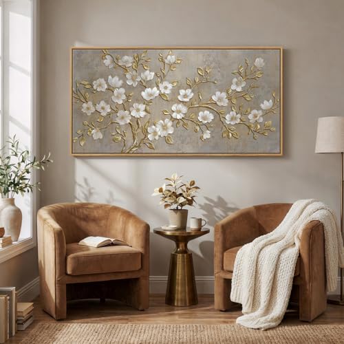 Large Framed Neutral Floral Wall Art for Living Room