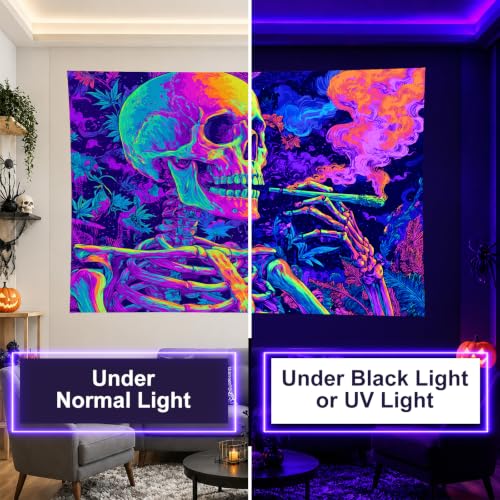 Blacklight Tapestry Smoking Skeleton UV Backdrop 78 x 59 Inch