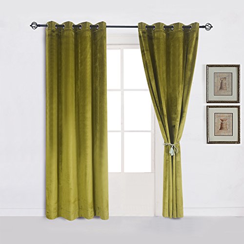Super Soft Luxury Velvet Decor Moss Green Thermal Blackout Curtain Panel Drapes Grommet Draperies Eyelet 52Wx96L inch Green Yellow