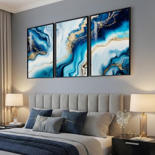Large Framed Blue and Gold Abstract Wall Art for Living Room (3 Count)